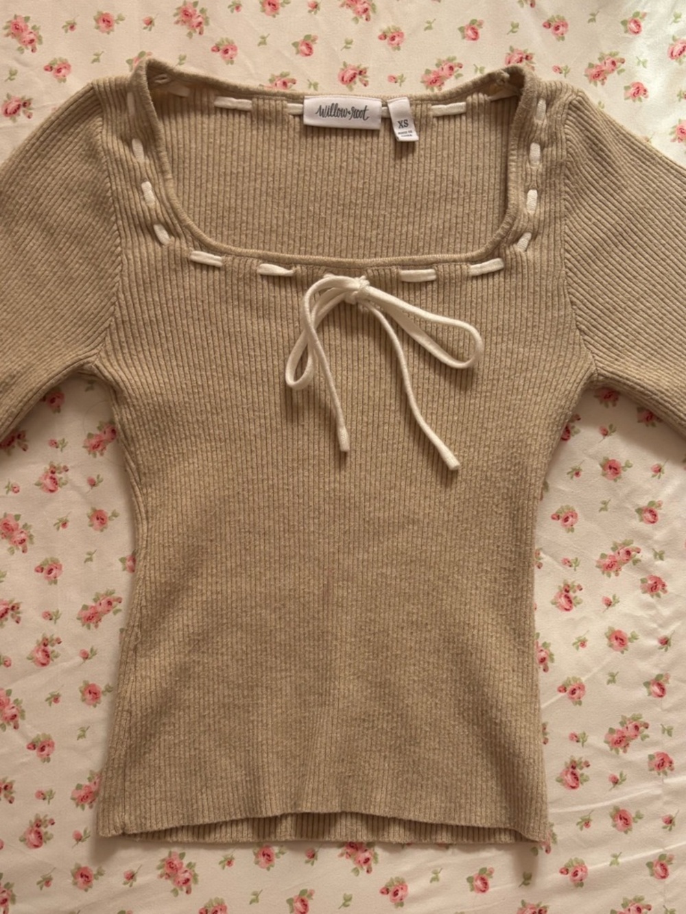 Buckle Willow+Root Beige Ribbed Tie-Front Square Neck Top - Picture 2 of 6